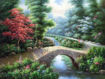 Stone Bridge Lane, brook, trees, floral bushes, bridge, stone, sky, water HD wallpaper