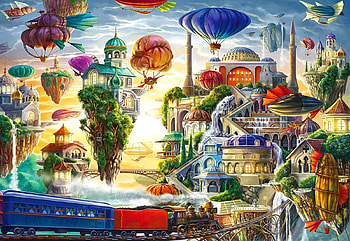 Floating Sky City, train, balloons, buildings, digital, art, railways HD wallpaper