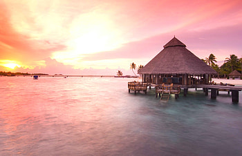 Maldives At Sunset, maldives, ocean, hut, sunset HD wallpaper