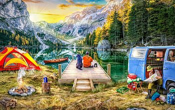 Camping in Nature, boat, digital, car, pier, tent, mountains, people, lake HD wallpaper