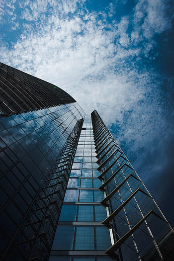 Sky, Building, Miscellanea, Miscellaneous, Glass, Facade, Bottom View HD phone wallpaper