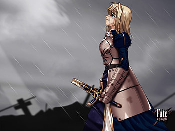 Painful Battle, servant, rain, tears, knight, fate stay night, war, saber, anime, caliburn, king, ruins, broken, short hair, game, arturia HD wallpaper
