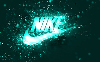 Nike turquoise logo, , turquoise neon lights, creative, turquoise abstract background, Nike logo, fashion brands, Nike HD wallpaper
