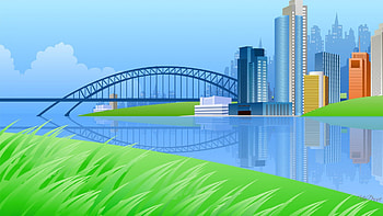City by the River, river, city, town, landscape, grass, park, buildings, skyscrapers, bridge, vector, sky, water HD wallpaper