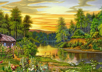 By Victor Tsyganov, river, painting, art, victor tsyganov, nature, sunrise, tree HD wallpaper