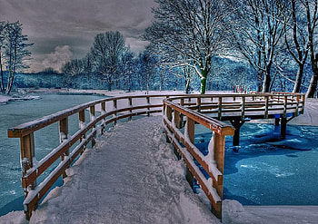Frosty bridge., winter, river, frost, snow, fence, bridge, tree HD wallpaper