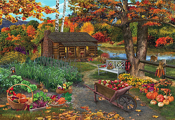 Harvest At The Cabin, artwork, pumpkins, leaves, apples, birds, trees, autumn, colors, painting HD wallpaper