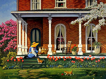 Spring Kittens, house, cats, trees, flowers, flowering trees, woman, kittens HD wallpaper