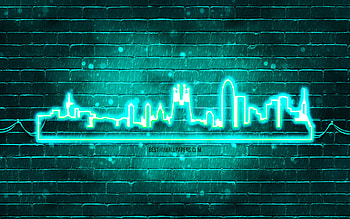 Barcelona turquoise neon silhouette, , turquoise neon lights, Barcelona skyline silhouette, turquoise brickwall, spanish cities, neon skyline silhouettes, Spain, Barcelona silhouette, Barcelona HD wallpaper