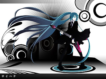 Hatsune Miku, awesome, nice, circle, hatsune, aqua eyes, white, twintail, stage, girl, headset, aqua, rocker, anime, pretty, virtual, black, song, heads, guitar, cute, vocaloid, dress, bass, beauty, miku, music, vocaloids, thighhighs, base, program, beautiful, diva, aqua hair, cool, idol HD wallpaper