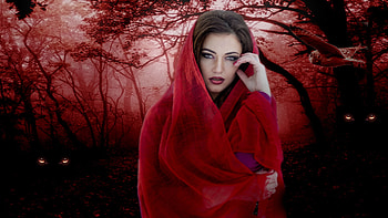 Mysterious, artistic, creative, daring, bright, bold, red on black, female, stunning, eyes, gorgeous, veil, girl, feminine, beautiful, owl, woman, black on red, vivid color, pretty, women, lovely HD wallpaper