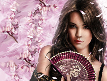 Spring girl, beautiful girl, eyes, girl, fan, tree, pink, petals, flower, face, beautiful spring, stare, blossom HD wallpaper