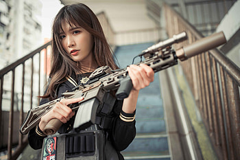 asian, woman, gun HD wallpaper