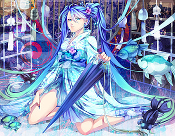 Hatsune Miku, umbrella, glow, awesome, artistic, nice, digital, cg, hatsune, aqua eyes, fish, a girl, sexy, white, art, twintail, hot, singer, aqua, anime girl, anime, pretty, virtual, ligth, kimono, black, song, cute, dress, beauty, miku, music, vocaloids, thighhighs, voclaoid, underwater, water, program, beautiful, diva, pink, aqua hair, red, cool, idol, bubbles HD wallpaper