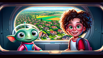 Space Adventure Cartoon - Alien and Child Friends, cartoon, alien, child, landscape HD wallpaper
