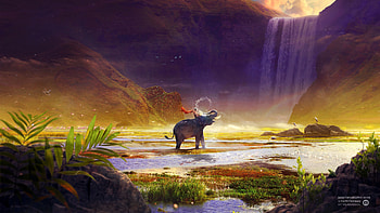 Animals, Rivers, Waterfall, Spray, hop, Elephant, Boy HD wallpaper