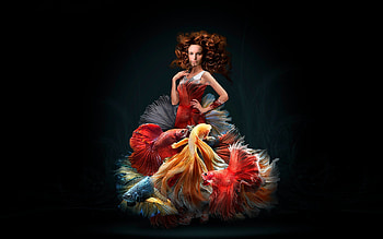 Girl with fish dress, black, frumusete, girl, orange, dress, summer, fantasy, red, fish, luminos HD wallpaper