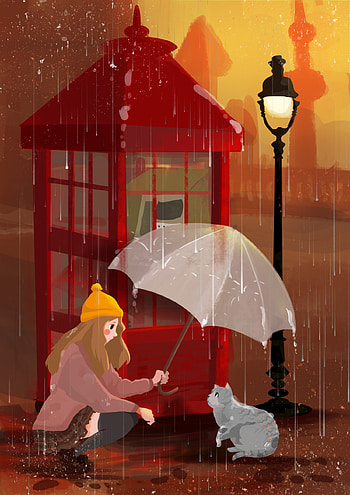 Art, Rain, Cat, Girl, Umbrella HD phone wallpaper