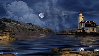 gorgeous lighthouse in the moonlight, shore, lighthouse, moon, light, clouds HD wallpaper
