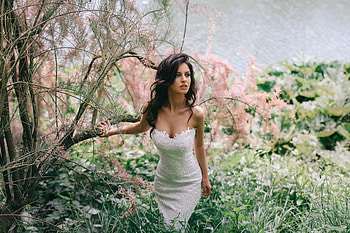 Beauty In White, Outdoors, Brunette, Pink, Trees HD wallpaper
