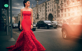 Lady in red, model, car, girl, dress, woman, moscow, Ivan gorokhov, red, street HD wallpaper