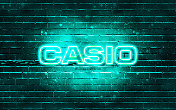 Casio turquoise logo, , turquoise brickwall, Casio logo, brands, Casio neon logo, Casio HD wallpaper