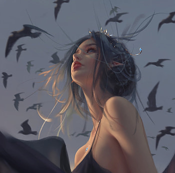 :), view from down, bird, wlop, art, fantasy, burd, face, girl HD wallpaper