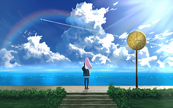 Girl With Pink Hair At Ocean Edge, anime-girl, hair, sky, clouds, cloud, ocean, sea, wind, artist, artwork, art, digital-art, pixiv HD wallpaper