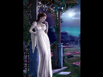 In Her Garden, moon, fantasy, garden, flowers, grass, woman HD wallpaper
