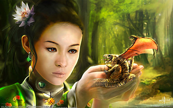 Girl with a Dragon, cute, angel, mythology, 3d, abstract, natue, dragon, game, , mystery, art, girl, fairy, anime, fantasy, green, cool, women, forest, dream HD wallpaper