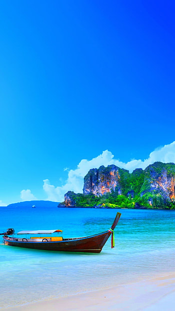 Long-Tail Boat on Beach in Thailand, graphy, beach HD phone wallpaper