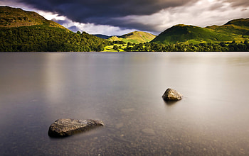 Landscape, peaceful, beauty, mountains, water, hill, hills, beautiful, grass, lake, green, view, clouds, nature, sky, lovely, splendor HD wallpaper
