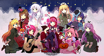 Angel Beats! Halloween, pinkhair, guitar, ribbons, red eyes, long hair, dress, witch, hisako, halloween, rose, pink eyes, hat, bow, wings, shiina tomako, blue eyes, yusa, gray hair, flowers HD wallpaper