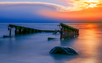 Wreck, pier, sea, sunset HD wallpaper