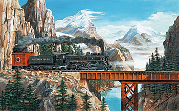Summit Pass by Ken Zylla, mountains, artwork, painting, bridge, train, locomotive, steam HD wallpaper