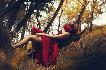 Red, model, marketa novak, girl, dress, forest, woman HD wallpaper