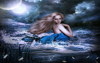 ✫Running on the Wave✫, blue dreams, beautiful girls, digital art, dragonflies, dress, moon, water, wave, running, attractions in dreams, weird things people wear, flying, backgrounds, creative pre-made, love four seasons, fantasy, manipulation, clouds, softness beauty, sky, girls, women, model female, hair HD wallpaper