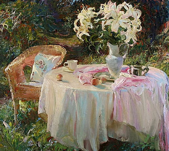 Garden Tea Time, table, tea time, painting, garden, spring HD wallpaper