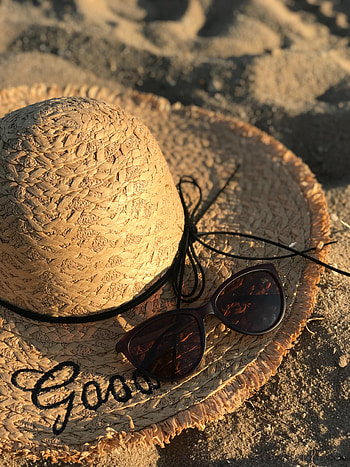 Beach, Words, Miscellanea, Miscellaneous, Inscription, Glasses, Spectacles, Hat HD phone wallpaper