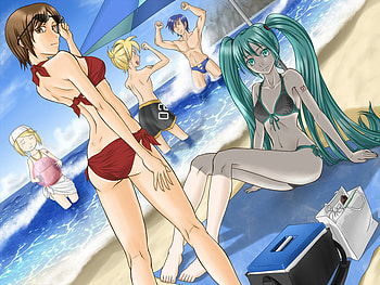 On the beach, sea, sexy, hatsune miku, meiko, cute, kaito, bikini, vocaloid, boys, beach, swimsuit, anime, kagamine rin, girls, kagamine len HD wallpaper