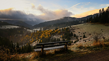 Outdoor Bench, landscape, outdoors, nature, depth of field, mountains HD wallpaper