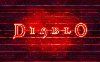 Diablo red logo, , red brickwall, Diablo logo, games brands, Diablo neon logo, Diablo HD wallpaper
