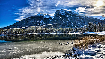 Bavarian Alps, Germany, sky, snow, trees, landscape, clouds, rocks HD wallpaper