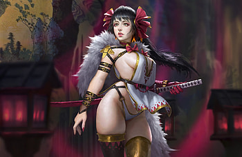 Samurai, sword, art, fantasy, red, girl, vergil hoo, katana HD wallpaper