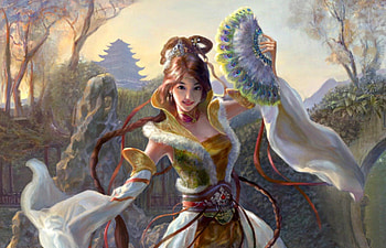 Oriental princess dancing, xiye, blue, oriental, dress, beauty, feather, painting, peacock, castle, white, art, temple, girl, fan, woman, green, yellow, red HD wallpaper