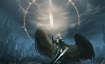 Angel, blue, wings, black, sword, art, girl, avacyn, dark, woman, feather, fantasy, game HD wallpaper