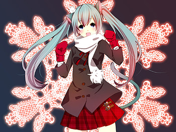 Hatsune Miku, blue, cute, vocaloid, beauty, nice, miku, snowflake, vocaloids, snow, hatsune, thighhighs, skirt, blue eyes, twintail, blue hair, awsome, beautiful, pink, anime, pretty, red, cool, scarf HD wallpaper