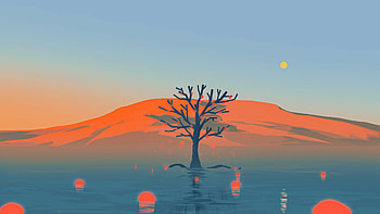 Artistic Landscape Mountain Tree Water Reflection Minimalist Minimalism HD wallpaper