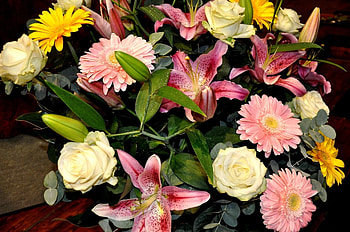 Flowers, Roses, Leaves, Lilies, Gerberas, Bouquet HD wallpaper
