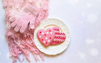 Happy Valentine's Day!, valentine, glove, winter, pink, cookie, scarf, heart HD wallpaper